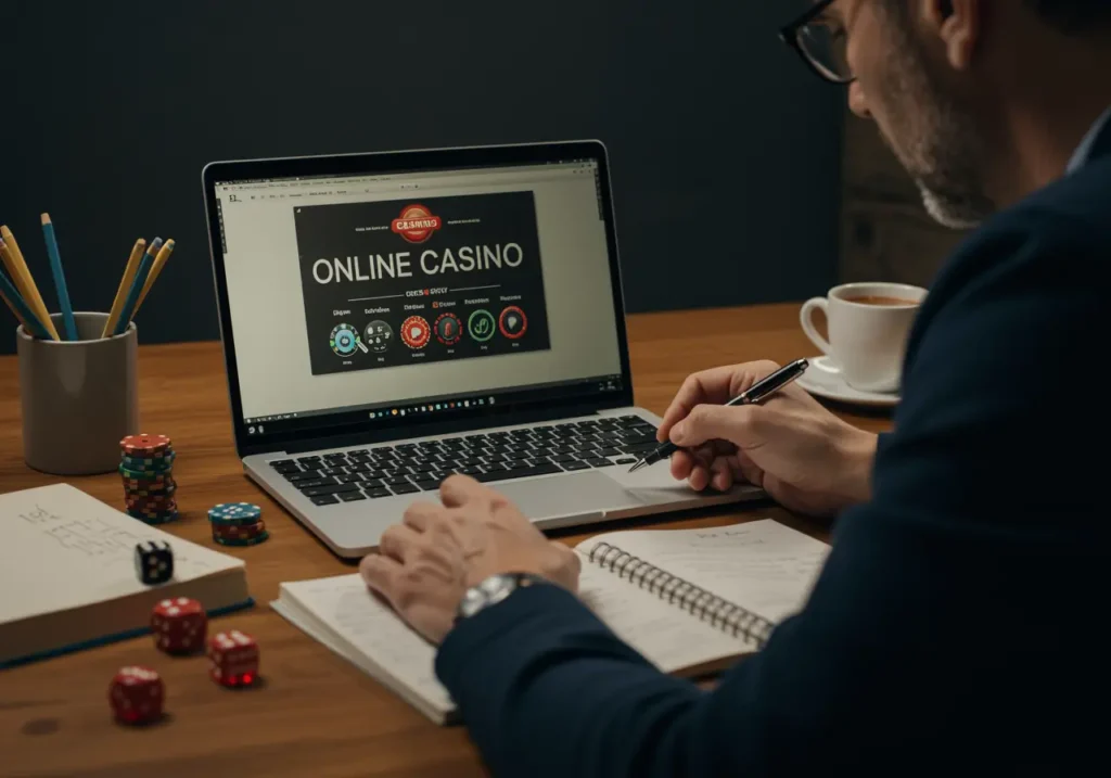 Person researching no deposit casino bonuses on a laptop with notes and casino elements on a desk